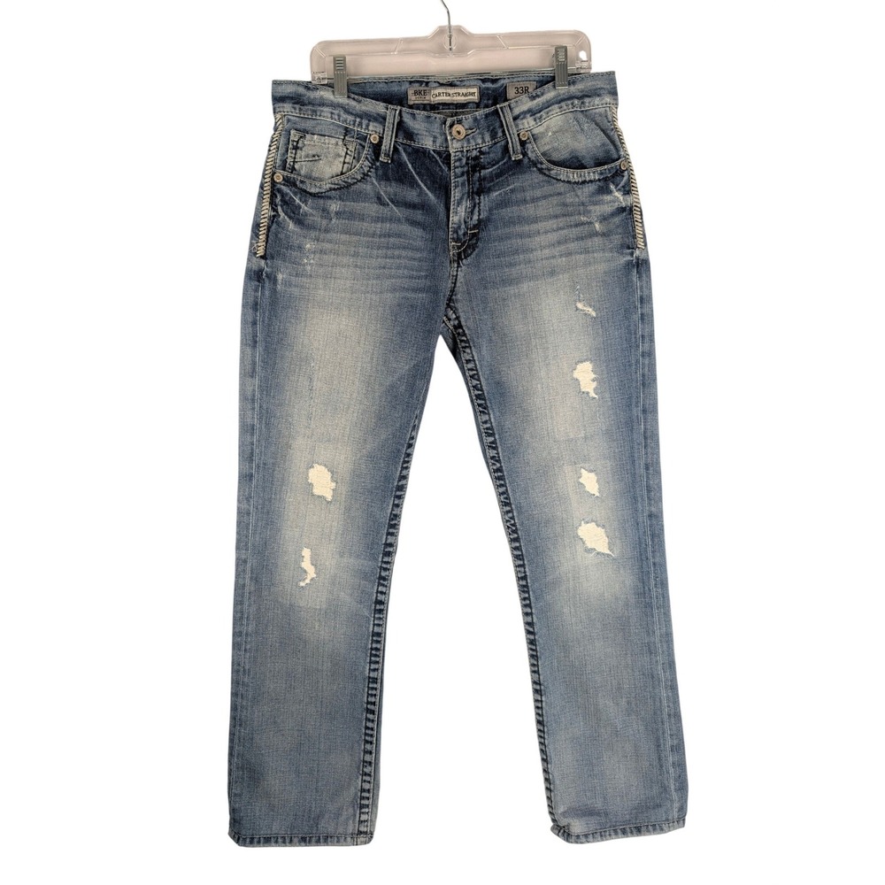 BKE Carter Straight Jeans Mens 33R Blue Distressed Heavy Stitch Denim